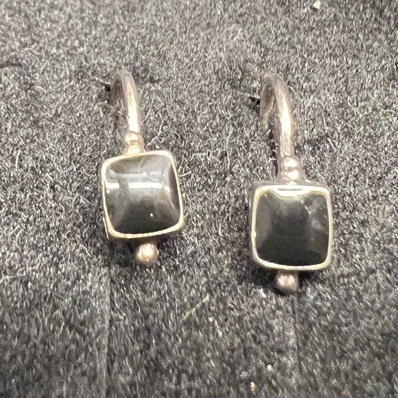 Vintage sterling black onyx silver square drop dangle earring - Picture 3 of 5